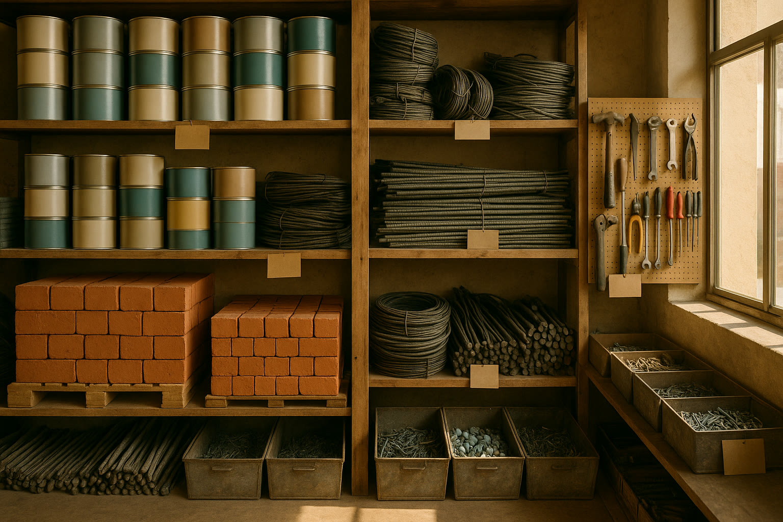 Materiales de construcción organizados en estantes de Construago: ladrillos, pintura, varilla, alambre y ferretería
